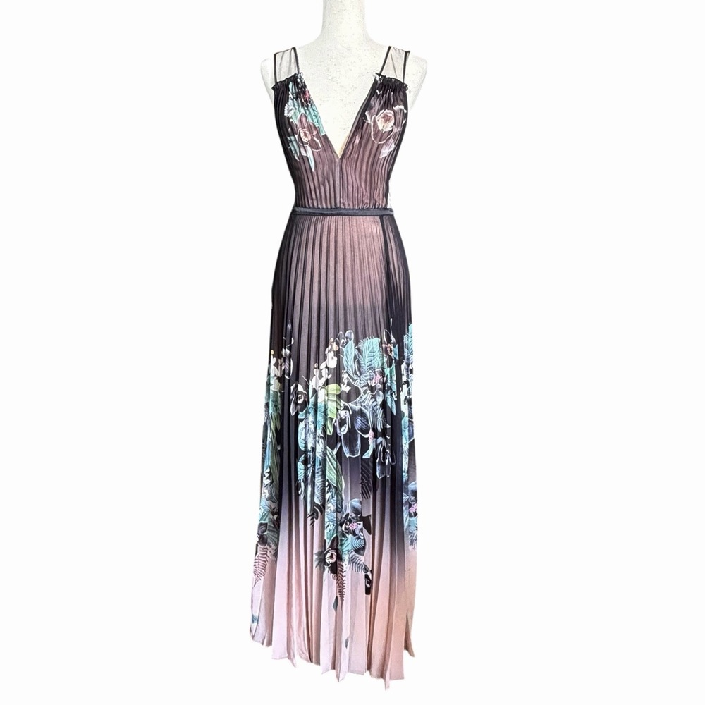 Bebe Floral Ombre Pleated Maxi Dress Sz 2 Black Blush Dark Romance Feminine EUC - Picture 2 of 12
